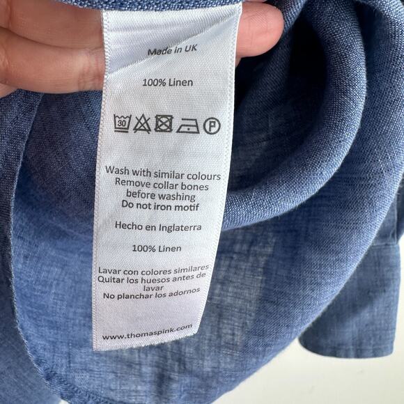 Thomas Pink Shirt Mens 17 1/2 Blue Linen Dress Button Up Long Sleeve 44 1/2 - Picture 8 of 10